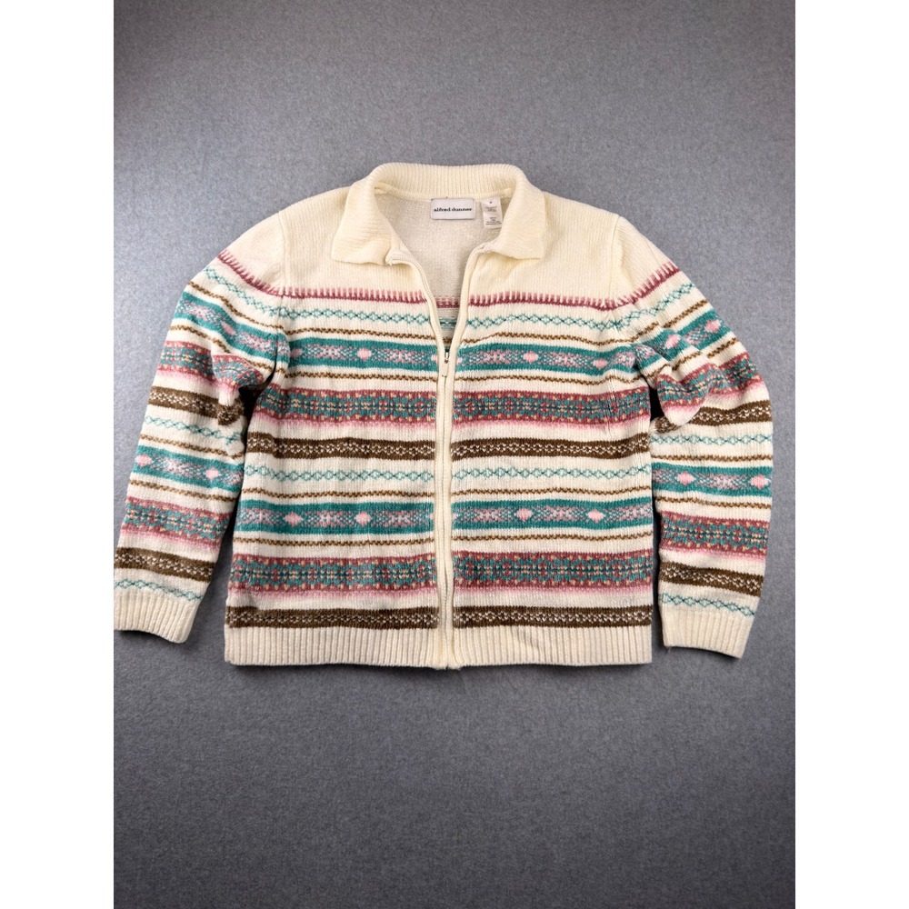 Vintage 90's Womens Medium Ivory Fair Isle Zip Front Cardigan Sweater Multi